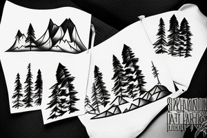 2 mountains with skiers on it with 3 tall trees infront with a small tent and a fire infront of those tattoo idea