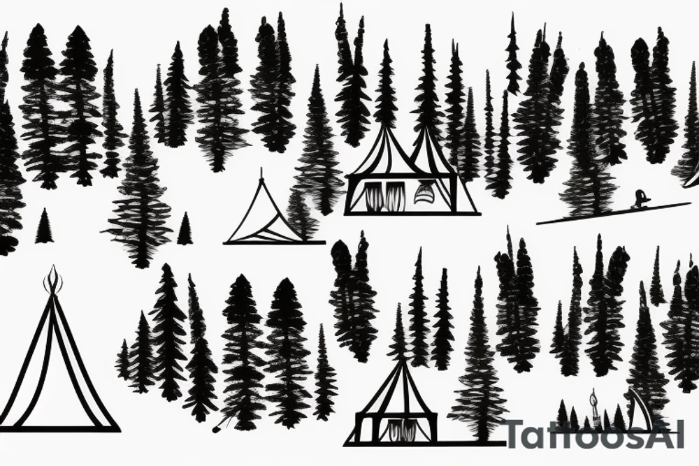 2 mountains with skiers on it with 3 tall trees infront with a small tent and a fire infront of those tattoo idea