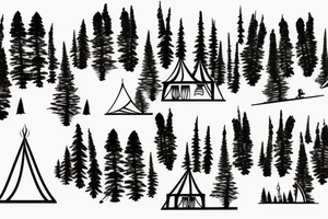 2 mountains with skiers on it with 3 tall trees infront with a small tent and a fire infront of those tattoo idea