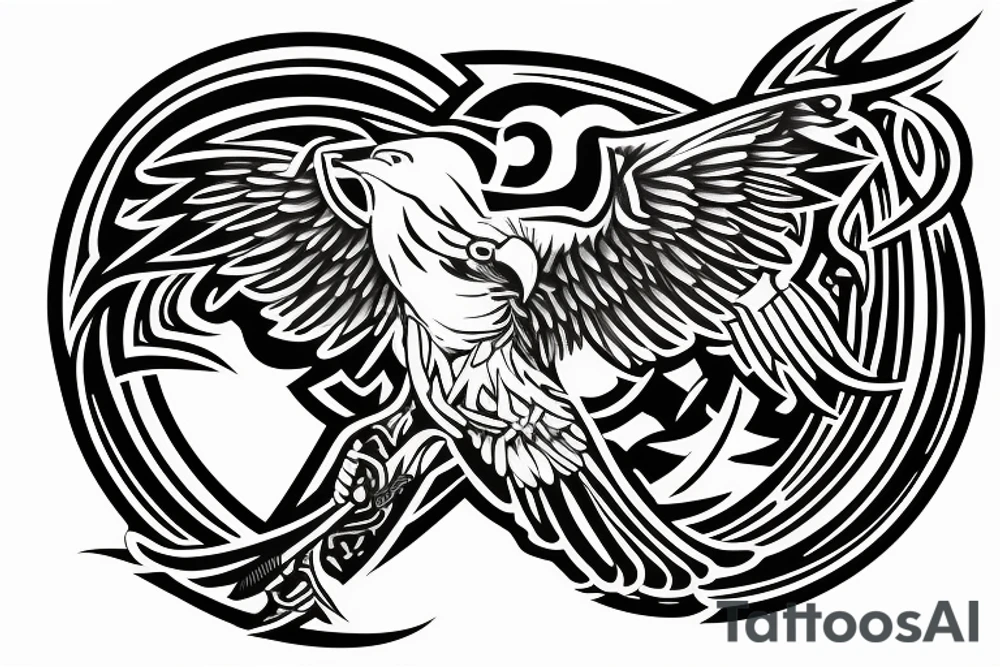 An Assassin's Creed logo with an eagle perched on top, representing the creed's focus on freedom and the eagle's connection to power and strength combined with vikings symbols of forces tattoo idea