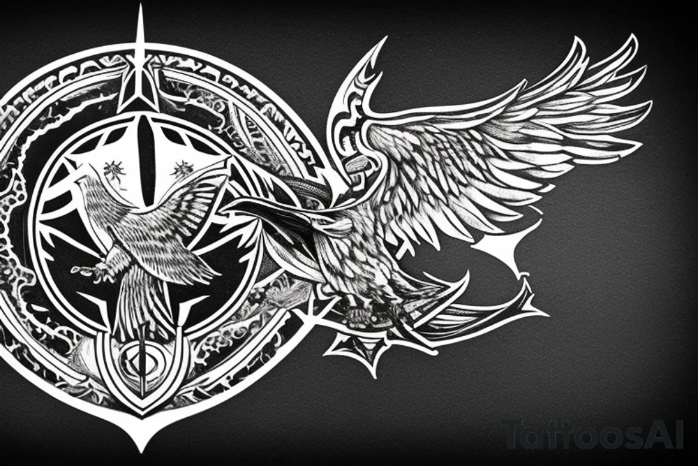 An Assassin's Creed logo with an eagle perched on top, representing the creed's focus on freedom and the eagle's connection to power and strength combined with vikings symbols of forces tattoo idea