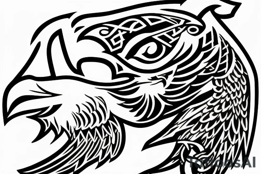 An Assassin's Creed logo with an eagle perched on top, representing the creed's focus on freedom and the eagle's connection to power and strength and with vikings symbols tattoo idea