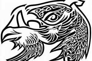 An Assassin's Creed logo with an eagle perched on top, representing the creed's focus on freedom and the eagle's connection to power and strength and with vikings symbols tattoo idea