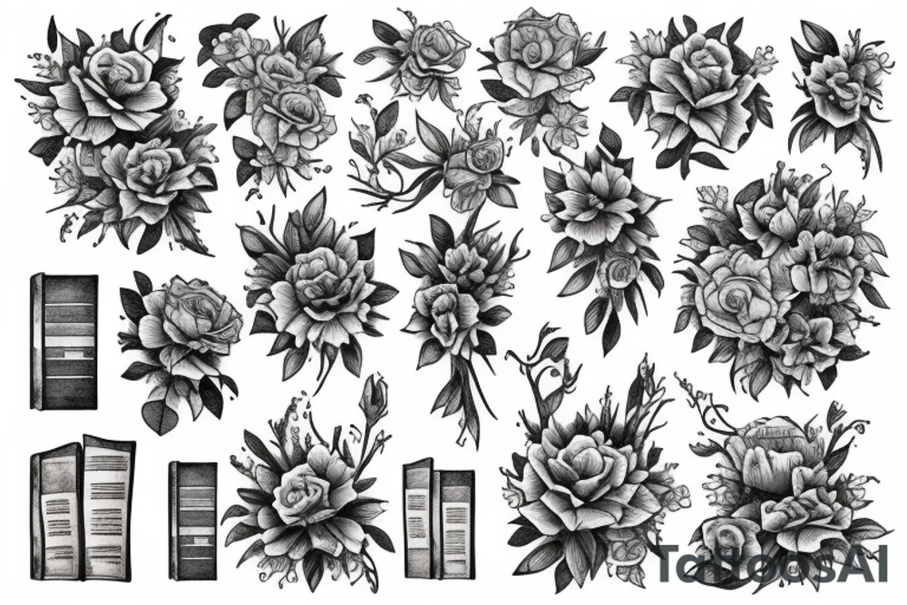 Books with plans and flowers tattoo idea