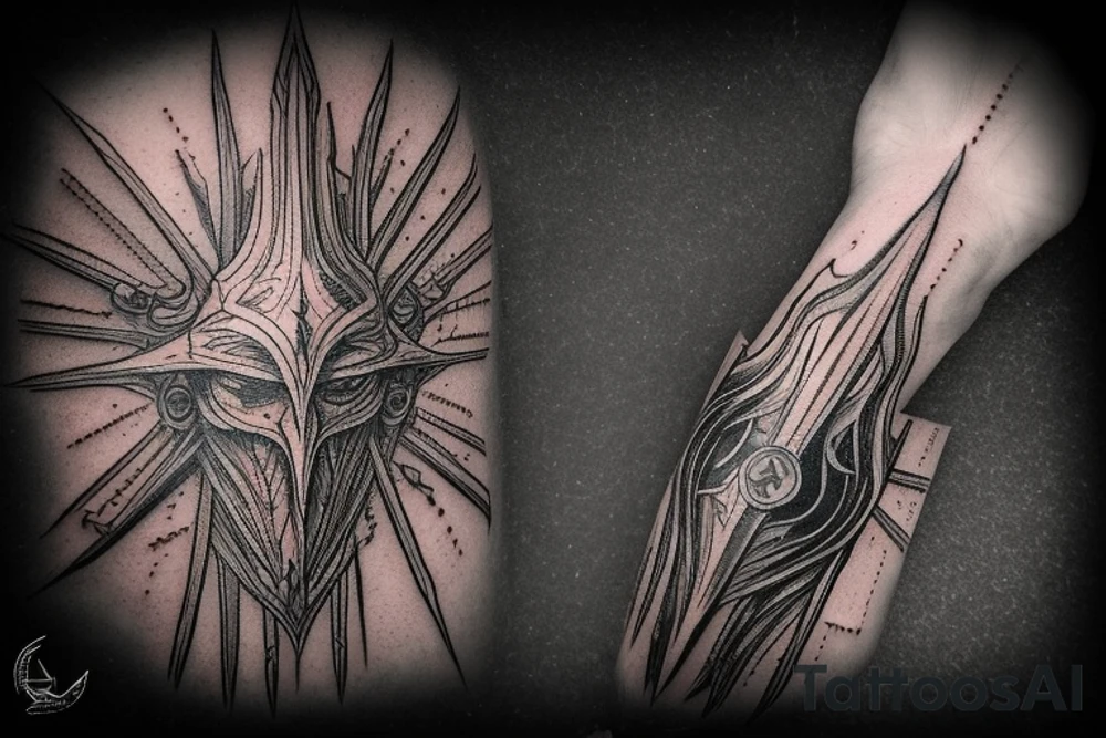 sauron weilding a mace, in front of barad dur, wearing the one ring tattoo idea