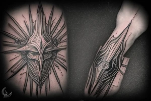 sauron weilding a mace, in front of barad dur, wearing the one ring tattoo idea
