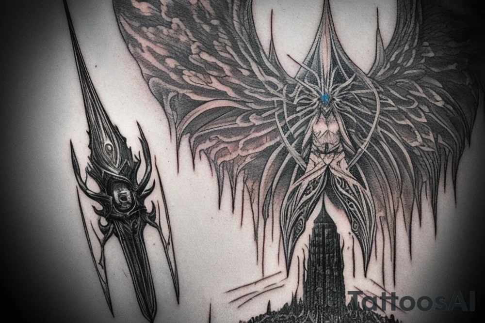 sauron weilding a mace, in front of barad dur, wearing the one ring tattoo idea