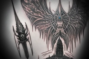 sauron weilding a mace, in front of barad dur, wearing the one ring tattoo idea