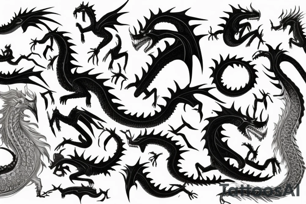 balerion the black dread, hundreds of dragons in the background, fire and blood, game of thrones tattoo idea