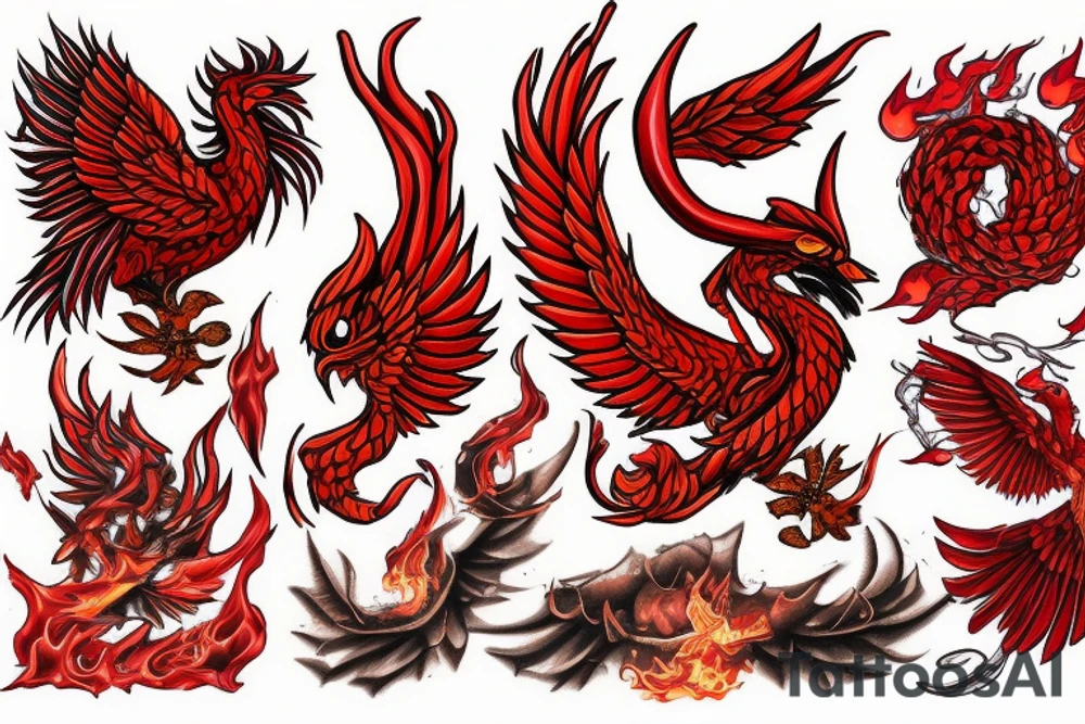 Red fenix over fire on a forest tattoo idea