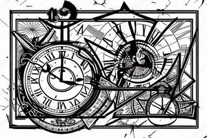 a man walking upstairs with geometry and a clock falling apart. tattoo idea