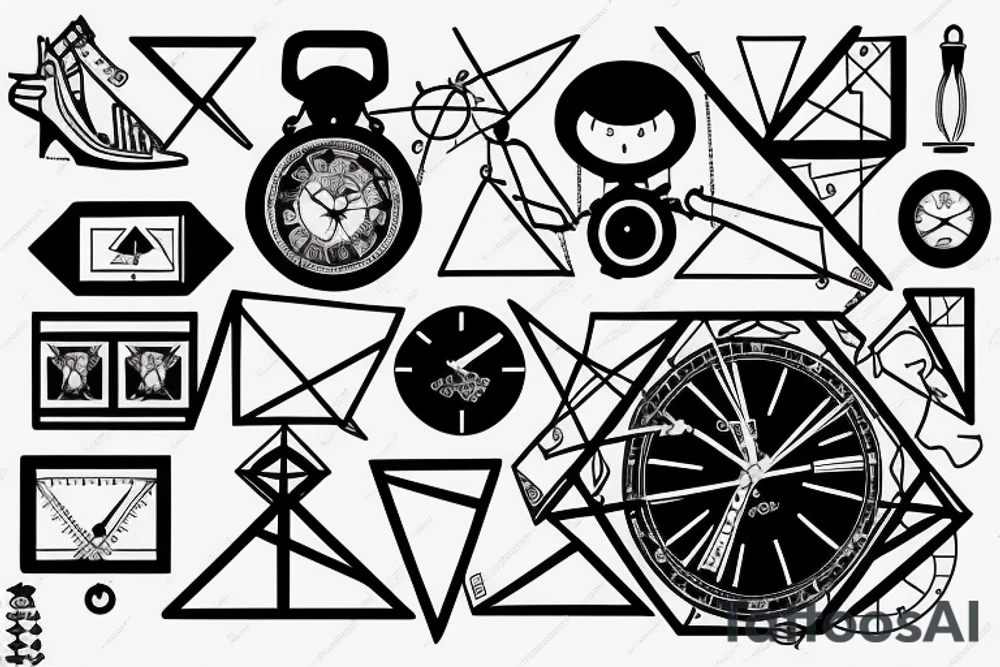 a man walking upstairs with geometry and a clock falling apart. tattoo idea