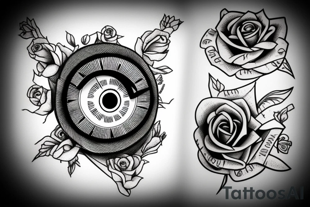 clock eye and rose tattoo idea