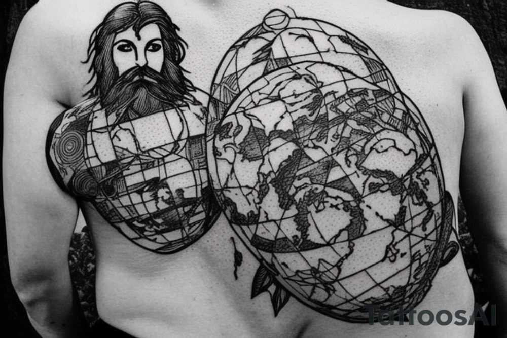 An older version of atlas holding the earth on his back. Atlas is struggling to continue to hold the earth. He has a beard and is strong. The earth is mixed with lush areas and bits of it falling out. tattoo idea