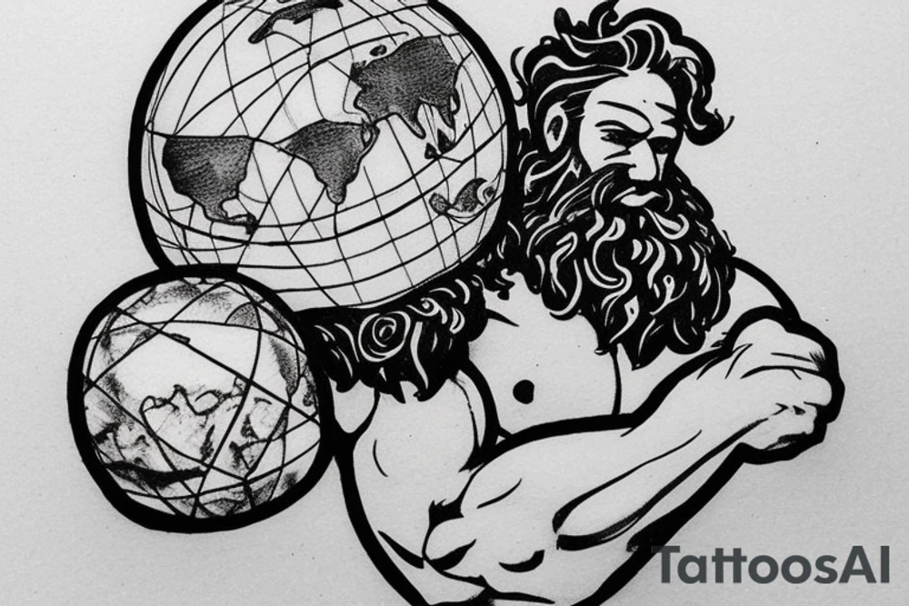 An older version of atlas holding the earth on his back. Atlas is struggling to continue to hold the earth. He has a beard and is strong. The earth is mixed with lush areas and bits of it falling out. tattoo idea