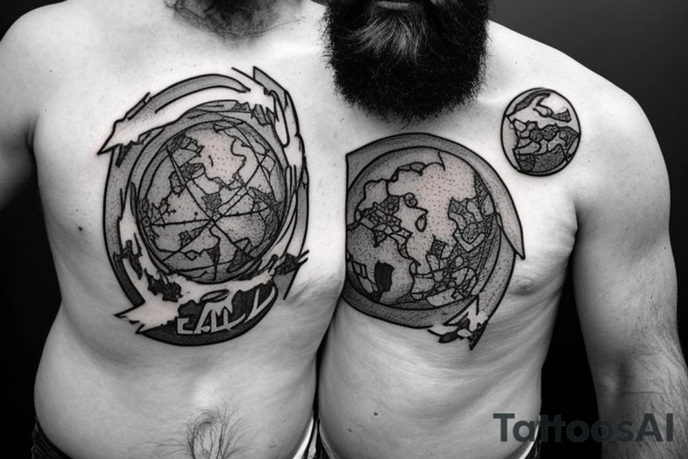 An older version of atlas holding the earth on his back. Atlas is struggling to continue to hold the earth. He has a beard and is strong. The earth is mixed with lush areas and damaged tattoo idea