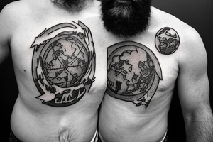 An older version of atlas holding the earth on his back. Atlas is struggling to continue to hold the earth. He has a beard and is strong. The earth is mixed with lush areas and damaged tattoo idea