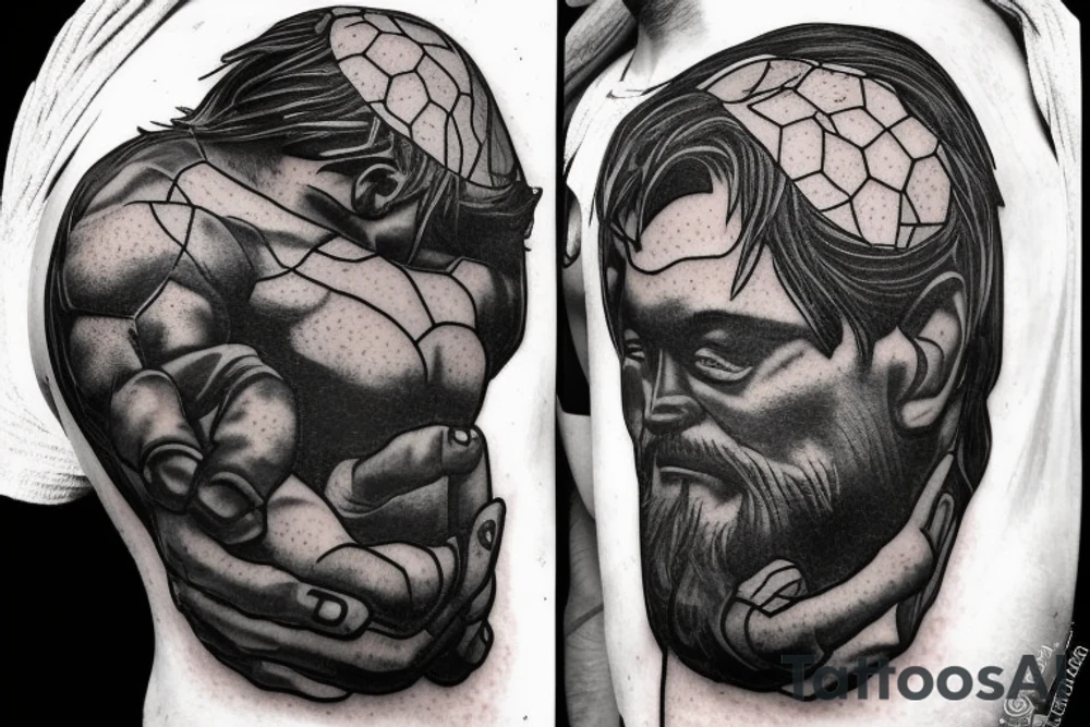 An older version of atlas holding the earth on his back. Atlas is struggling to continue to hold the earth. He has a beard and is strong. The earth is mixed with lush areas and damaged tattoo idea