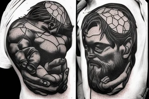 An older version of atlas holding the earth on his back. Atlas is struggling to continue to hold the earth. He has a beard and is strong. The earth is mixed with lush areas and damaged tattoo idea