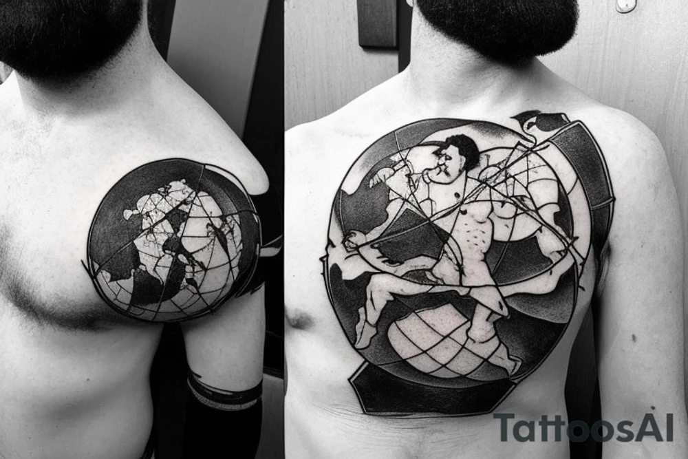 An older version of atlas holding the earth on his back. Atlas is struggling to continue to hold the earth. He has a beard and is strong. The earth is mixed with lush areas and damaged tattoo idea