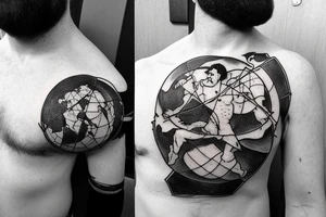 An older version of atlas holding the earth on his back. Atlas is struggling to continue to hold the earth. He has a beard and is strong. The earth is mixed with lush areas and damaged tattoo idea