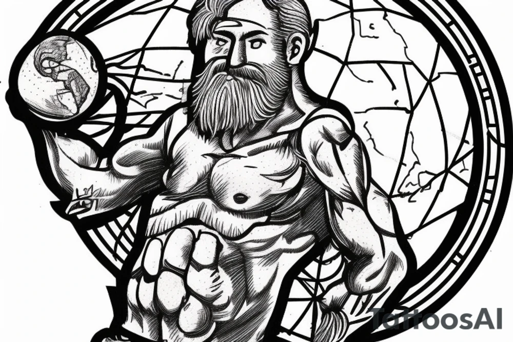 An older version of atlas holding the earth on his back. Atlas is struggling to continue to hold the earth. He has a beard and is strong. The earth is mixed with lush areas and damaged tattoo idea