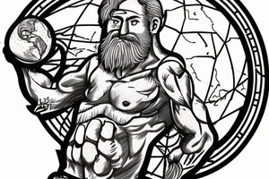 An older version of atlas holding the earth on his back. Atlas is struggling to continue to hold the earth. He has a beard and is strong. The earth is mixed with lush areas and damaged tattoo idea