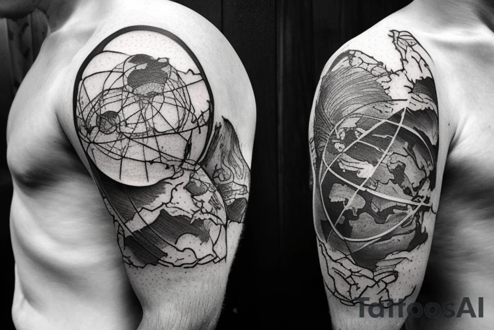 An older version of atlas holding the earth on his back. Atlas is struggling to continue to hold the earth. He has a beard and is strong. The earth is mixed with lush areas and damaged tattoo idea