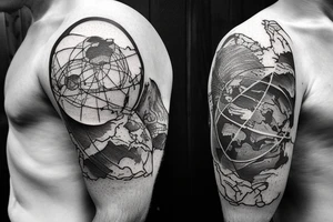 An older version of atlas holding the earth on his back. Atlas is struggling to continue to hold the earth. He has a beard and is strong. The earth is mixed with lush areas and damaged tattoo idea