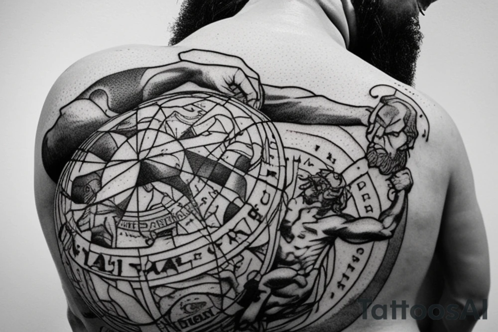 An older version of atlas holding the earth on his back. Atlas is struggling to continue to hold the earth. He has a beard and is strong. The earth is mixed with lush areas and damaged tattoo idea