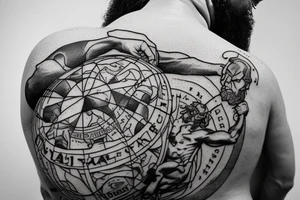 An older version of atlas holding the earth on his back. Atlas is struggling to continue to hold the earth. He has a beard and is strong. The earth is mixed with lush areas and damaged tattoo idea