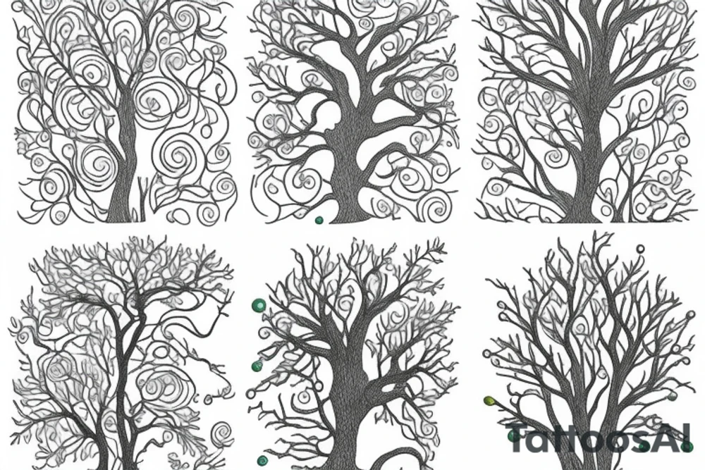 willow tree and oak tree with emerald and pearl tattoo idea