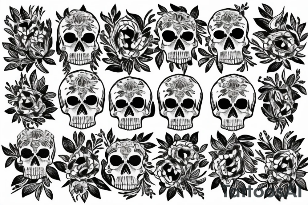 Skull surrounded by cornflower, edelweiss, tulips with leaves tattoo idea