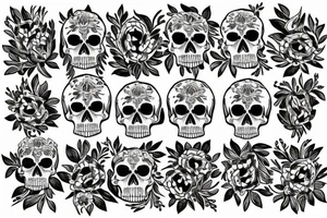 Skull surrounded by cornflower, edelweiss, tulips with leaves tattoo idea
