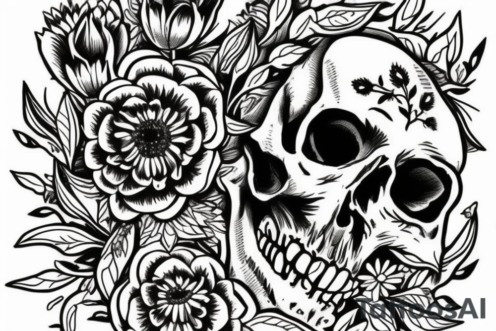 Skull surrounded by cornflower, edelweiss, tulips with leaves tattoo idea