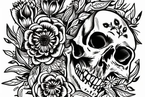 Skull surrounded by cornflower, edelweiss, tulips with leaves tattoo idea