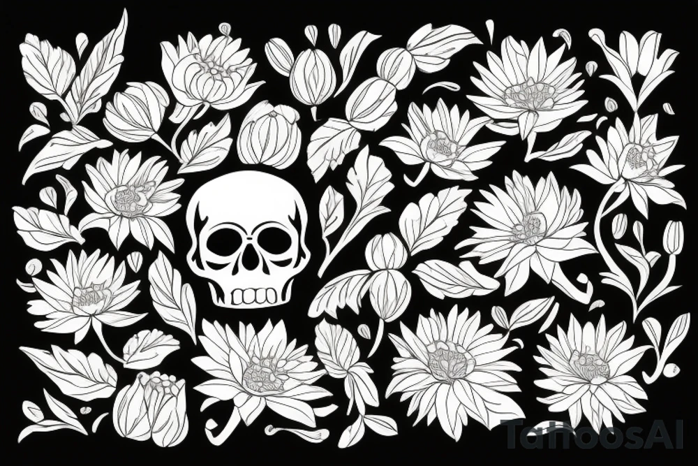 Skull surrounded by cornflower, edelweiss, tulips and mum's with leaves tattoo idea