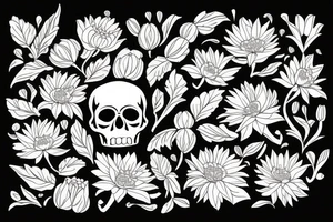 Skull surrounded by cornflower, edelweiss, tulips and mum's with leaves tattoo idea