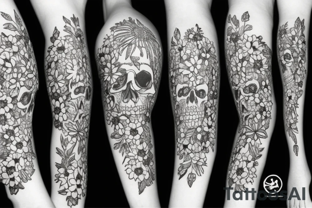 Skull surrounded by cornflower, edelweiss, tulips and mum's with leaves tattoo idea