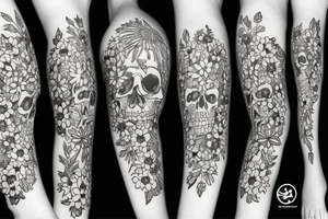 Skull surrounded by cornflower, edelweiss, tulips and mum's with leaves tattoo idea