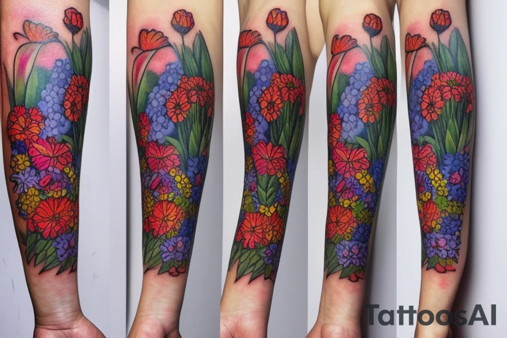 Skull surrounded by cornflower, edelweiss, tulips and mum's with leaves tattoo idea