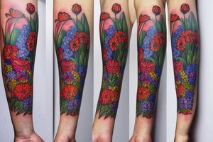 Skull surrounded by cornflower, edelweiss, tulips and mum's with leaves tattoo idea