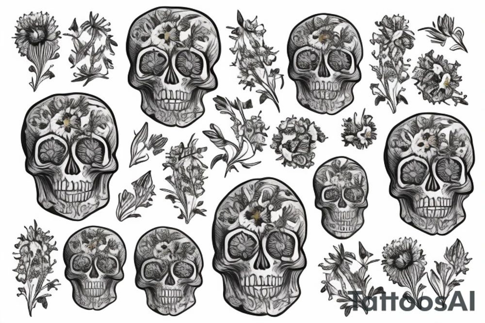Skull surrounded by cornflower, edelweiss, tulips and mum's with leaves tattoo idea