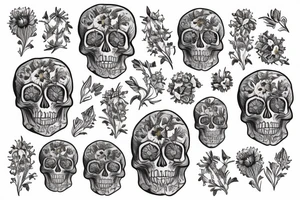 Skull surrounded by cornflower, edelweiss, tulips and mum's with leaves tattoo idea
