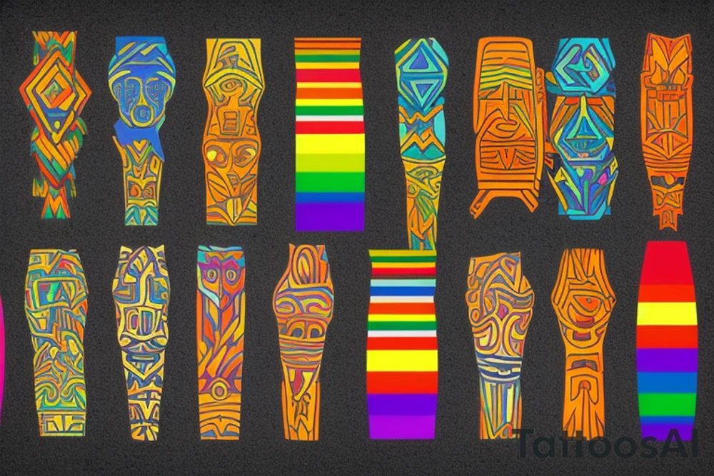 The date 10/10/1968 disguised as a vertical tribal symbol, with gay pride colors embedded. tattoo idea