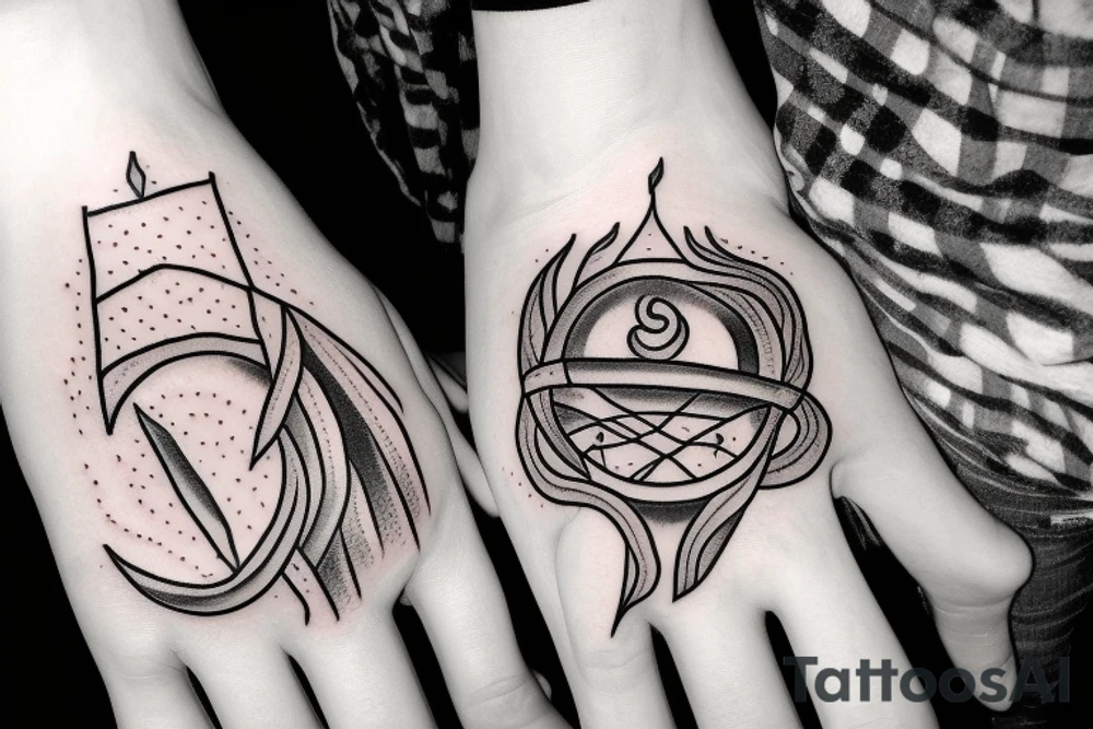 Pretty witch hand holding a lighted match. There is a wicca snake around the wrist tattoo idea