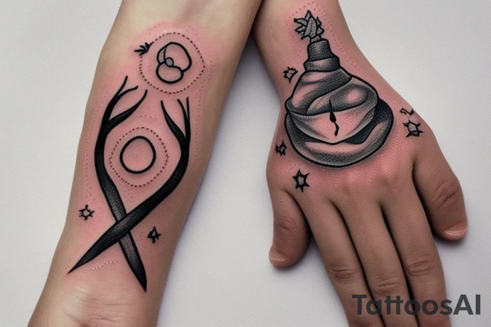 Pretty witch hand holding a lighted match. There is a wicca snake around the wrist tattoo idea