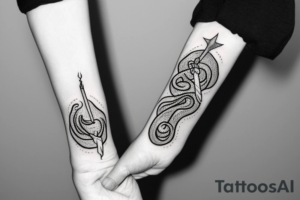 Pretty witch hand holding a lighted match. There is a wicca snake around the wrist tattoo idea