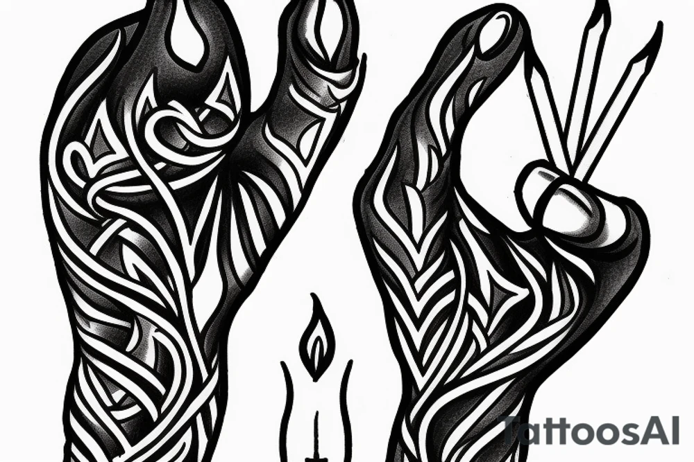 Pretty witch hand holding a lighted match. There is a wicca snake around the wrist tattoo idea