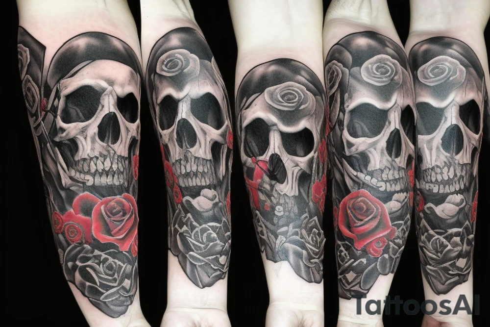A horror inspired tattoo with skulls and roses tattoo idea